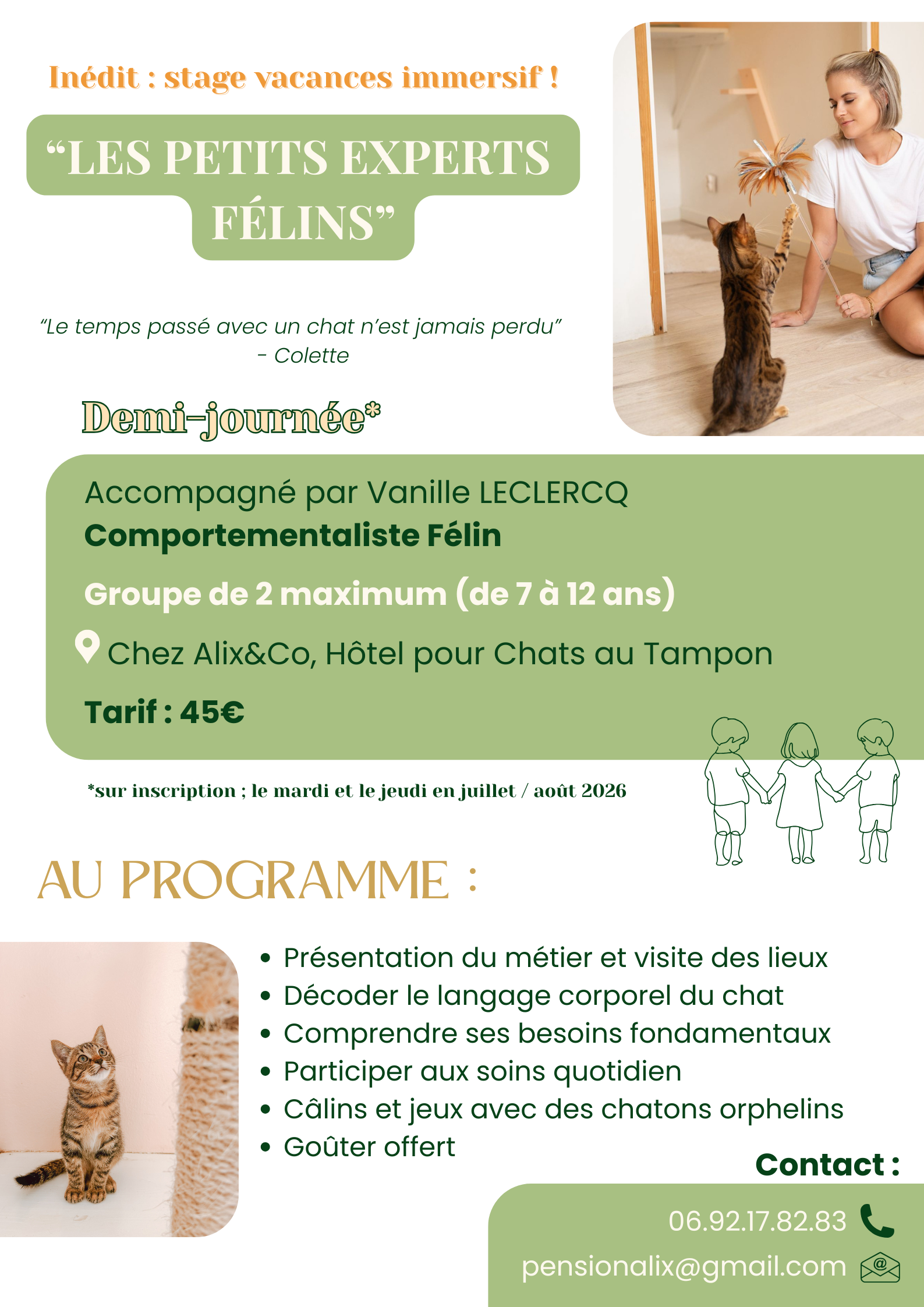 stage enfant immersif avec chat dans un hotel felin la reunion
